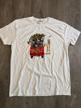 Gildan White WE Fest 2018 Graphic Tee with Red Van and Gold Accents